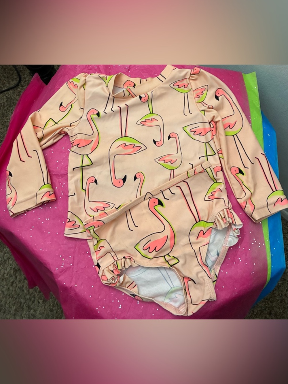 Adorable flamingo swimsuit! Sun protection top and ruffle bottoms 18M